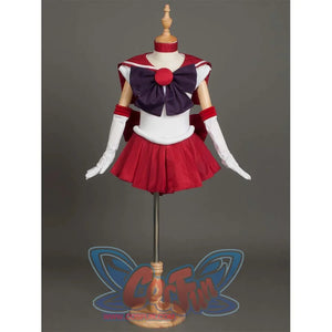 The costume is shown on a mannequin from the front, presenting the overall design with its red, white, and purple color scheme.