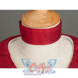 Close - up of the red neckline collar, highlighting the neckline design.