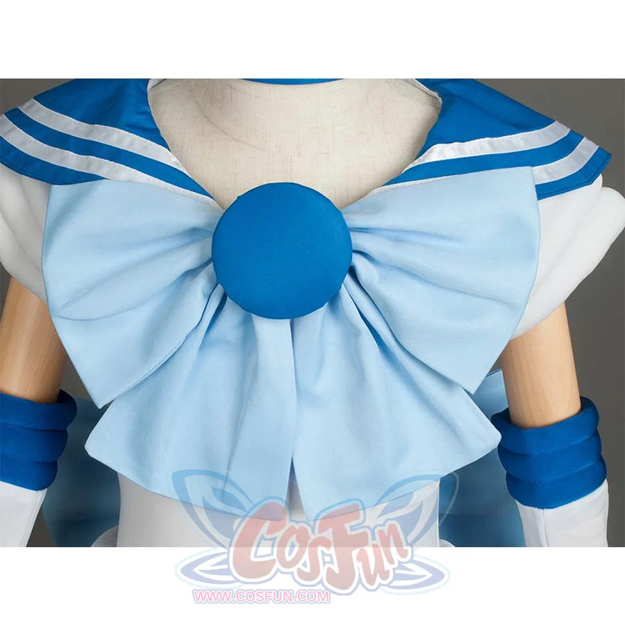 A close - up of the front light blue bow with a blue center and the blue sailor collar on the Kid Cosplay Sailor Mercury costume, showcasing the decorative details.