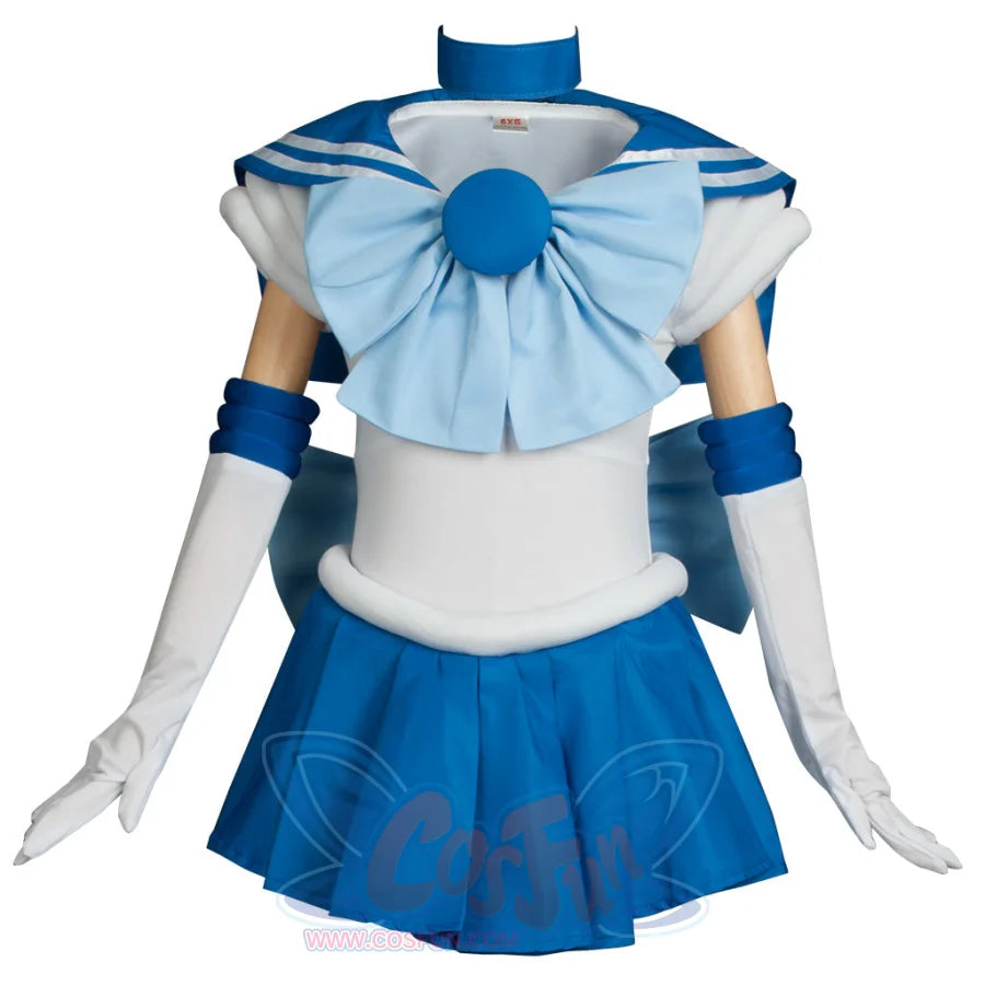 This is the front view of the complete Kid Cosplay Sailor Mercury costume, featuring a white bodice, blue sailor collar and skirt, light blue bows, long white gloves, and blue arm cuffs.