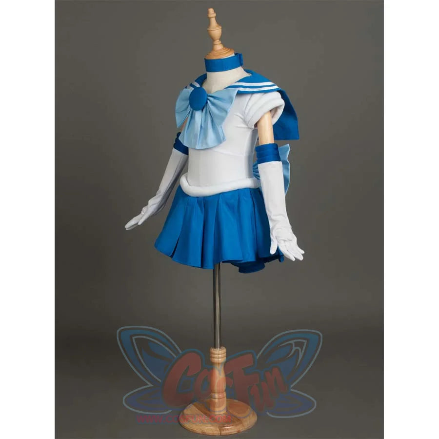 The Kid Cosplay Sailor Mercury costume is shown on a mannequin from the front, presenting the overall design with its blue, white, and light blue color scheme.