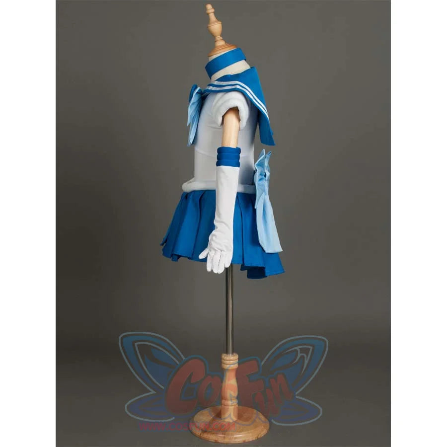 A side view of the Kid Cosplay Sailor Mercury costume on a mannequin, highlighting the details of the sailor collar, bows, and arm cuffs.