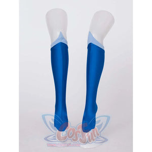 View of the blue and light blue stockings of the Kid Cosplay Sailor Mercury costume.