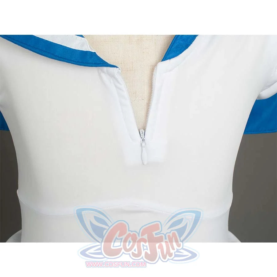 Close - up of the white top&#39;s zipper detail with blue collar of the Kid Cosplay Sailor Mercury costume.