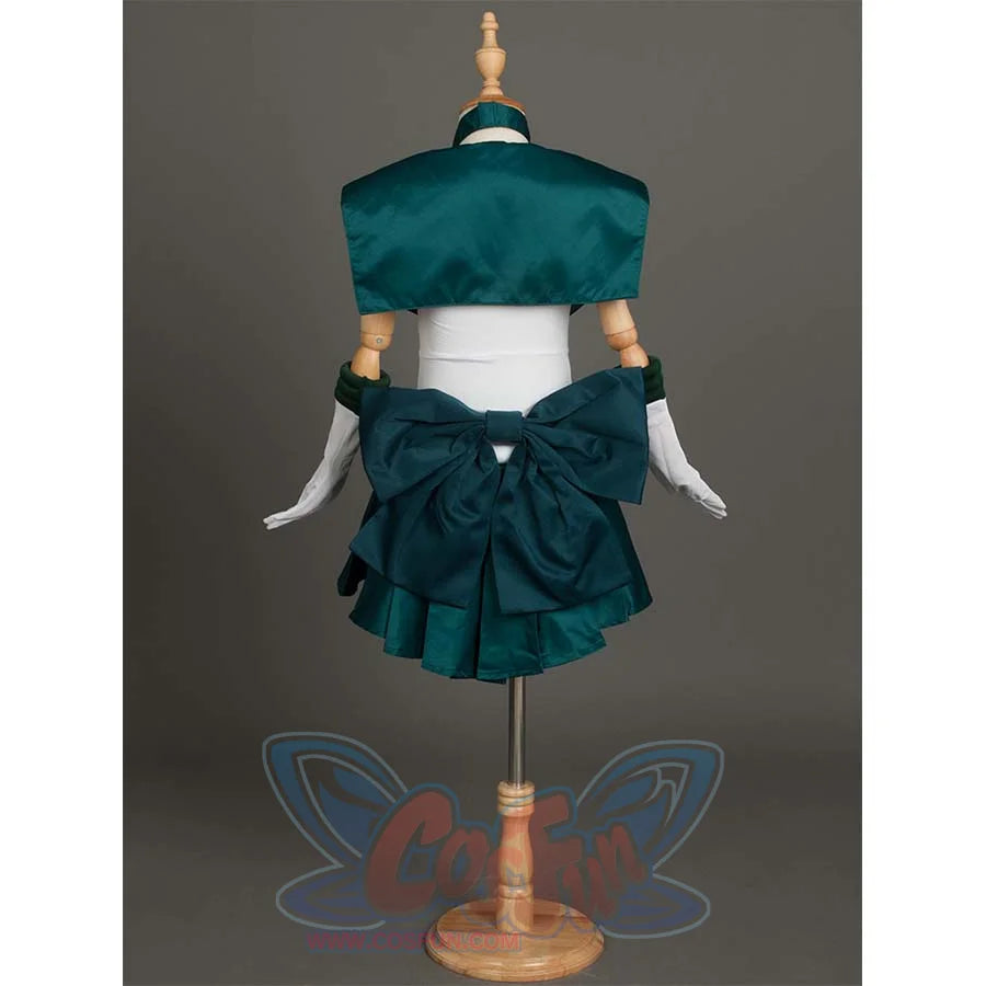 Back view of the costume on a mannequin, emphasizing the large dark green bow at the back and the sailor collar.
