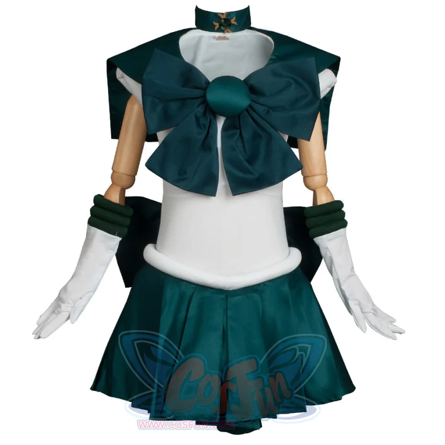 The costume is shown on a mannequin from the front, presenting the overall design with its dark green and white color scheme.