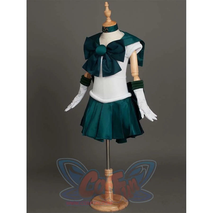 An angled front view of the costume on a mannequin, highlighting details like the bow and arm cuffs.