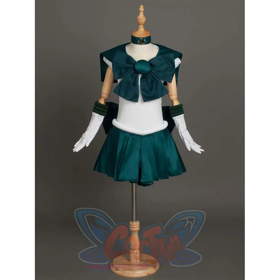 The costume is shown on a mannequin from the front, presenting the overall design with its dark green and white color scheme.