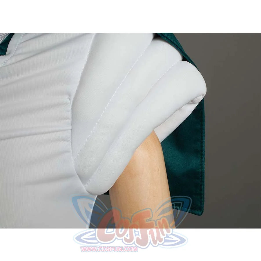 Close - up of the white shoulder pad detail on the costume, showing the stitching and structure.