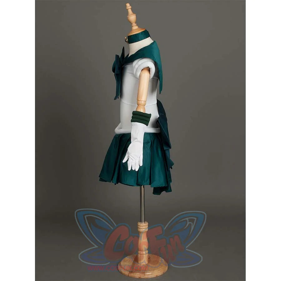 Side view of the costume on a mannequin, showcasing the structure of the sleeves, arm cuffs, and the back bow.