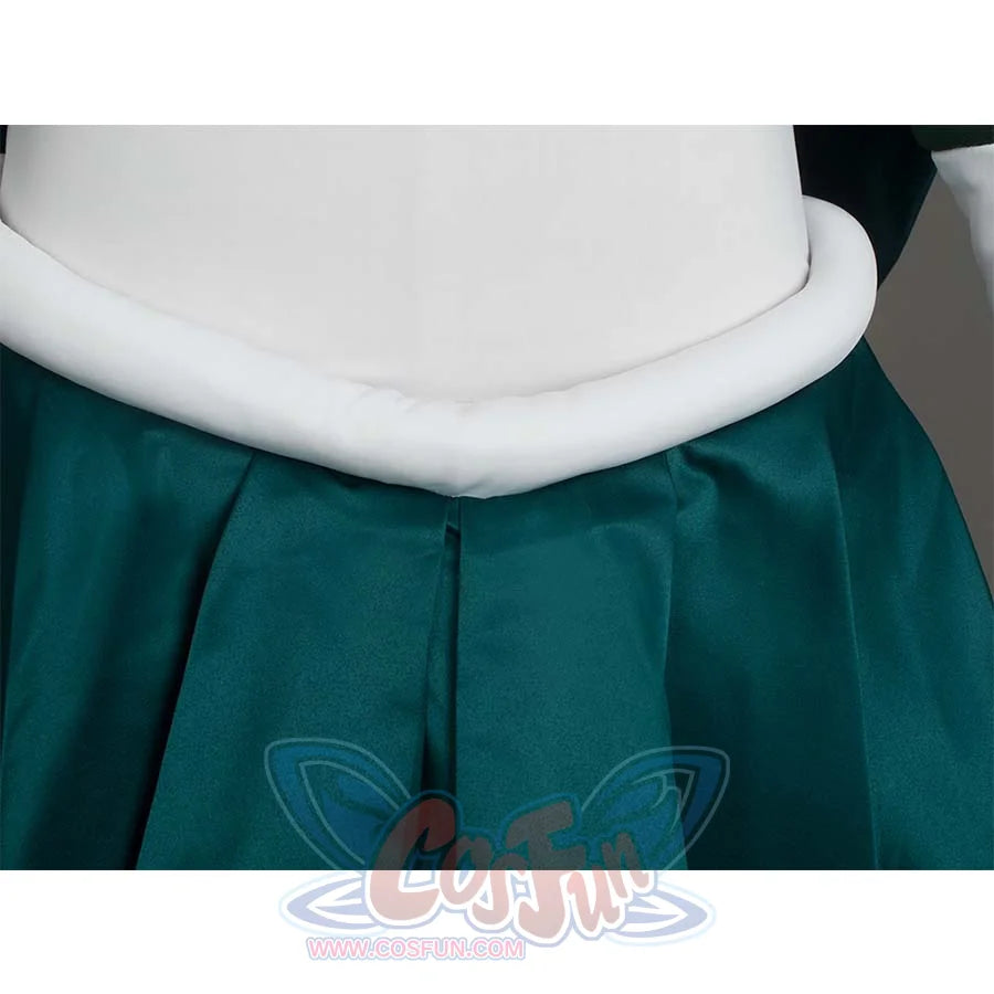 Close - up of the white waist trim and dark green pleated skirt, highlighting the waist and skirt design.