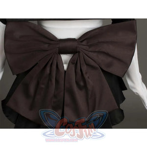 Close - up of the large dark brown bow at the back of the Kid Cosplay Sailor Pluto costume, showing the fabric and structure of the bow.