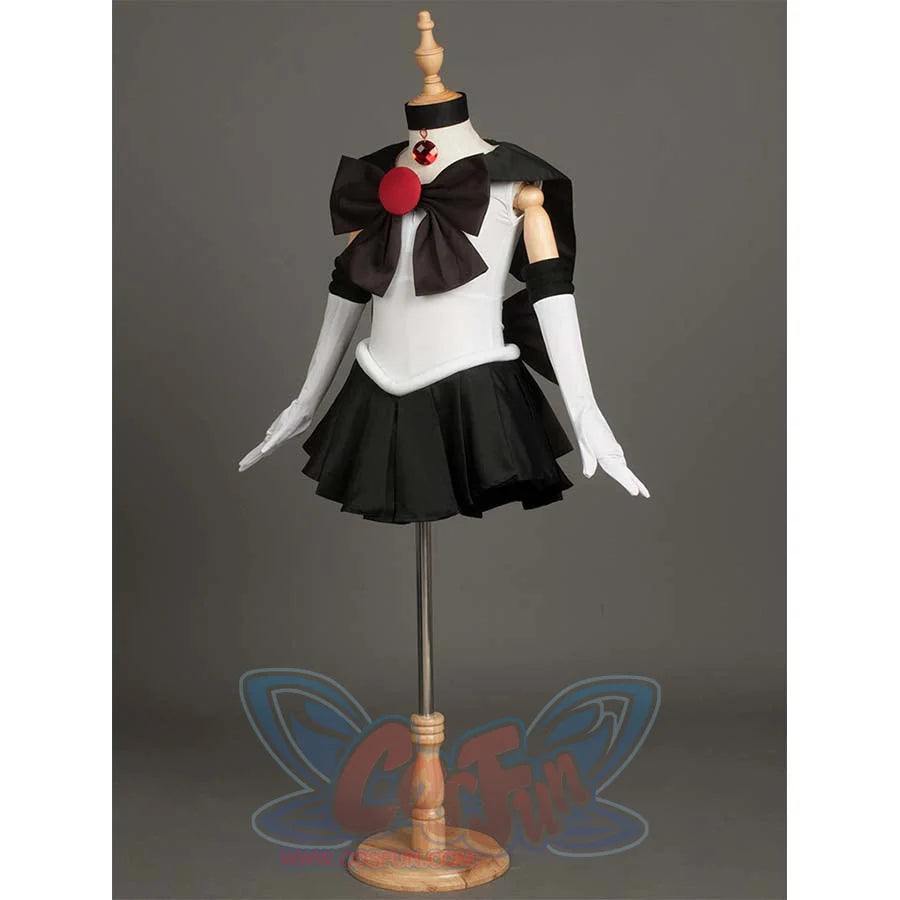 An angled front view of the costume on a mannequin, highlighting details like the bow, arm cuffs, and choker.