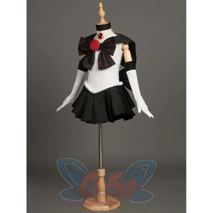 An angled front view of the costume on a mannequin, highlighting details like the bow, arm cuffs, and choker.