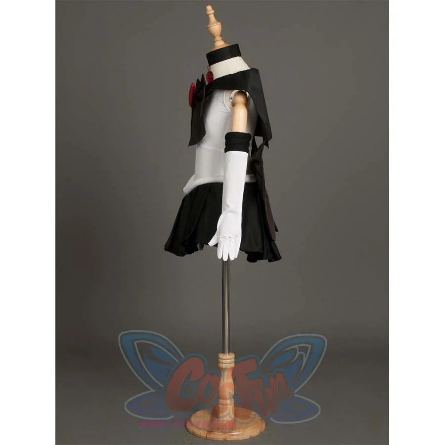 Side view of the costume on a mannequin, showcasing the structure of the sleeves, arm cuffs, and the back bow.