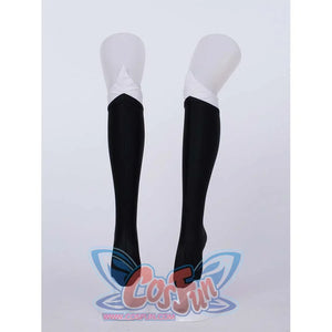 View of the black and white stockings of the Kid Cosplay Sailor Pluto costume.