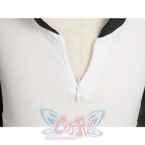 Close - up of the white top's zipper detail with a black collar, highlighting the zipper design.