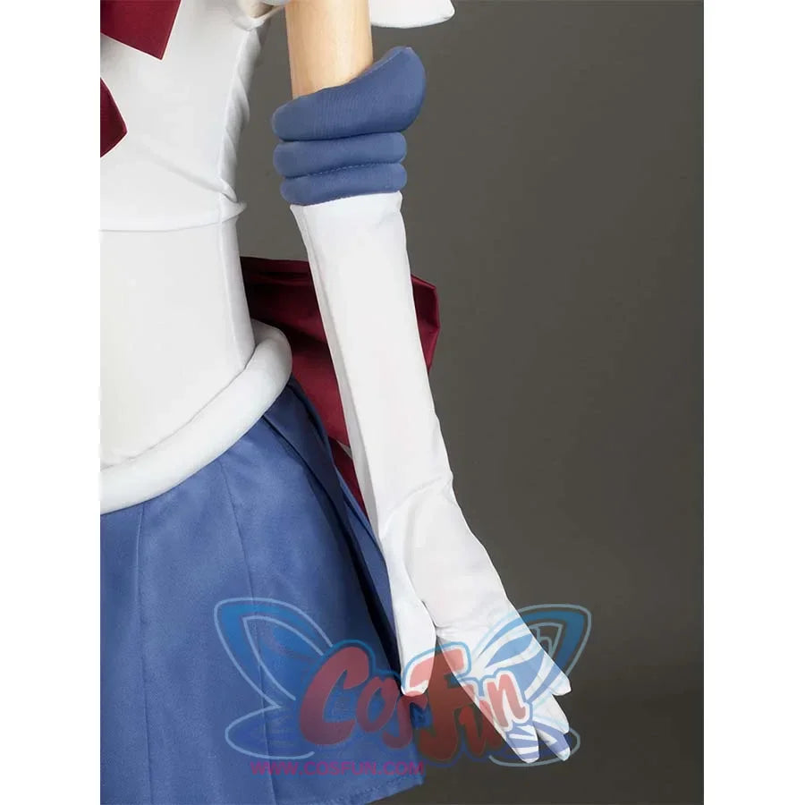 A close - up of the blue arm cuffs and white long gloves on the Kid Cosplay Sailor Saturn costume, highlighting the design of the arm accessories.