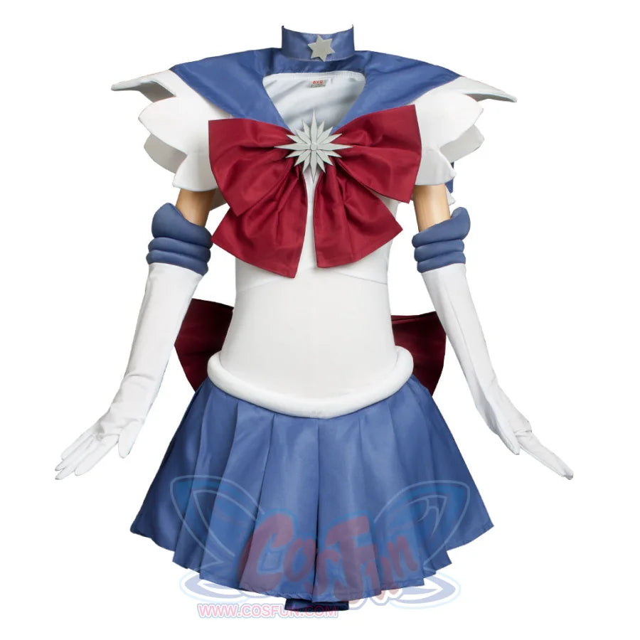This is the front view of the Kid Cosplay Sailor Saturn costume, including a white bodice, blue sailor collar and skirt, red bows, long white gloves, and blue arm cuffs.