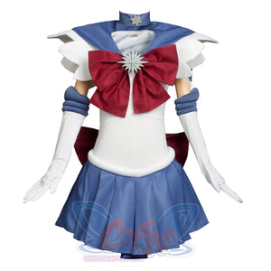 This is the front view of the Kid Cosplay Sailor Saturn costume, including a white bodice, blue sailor collar and skirt, red bows, long white gloves, and blue arm cuffs.