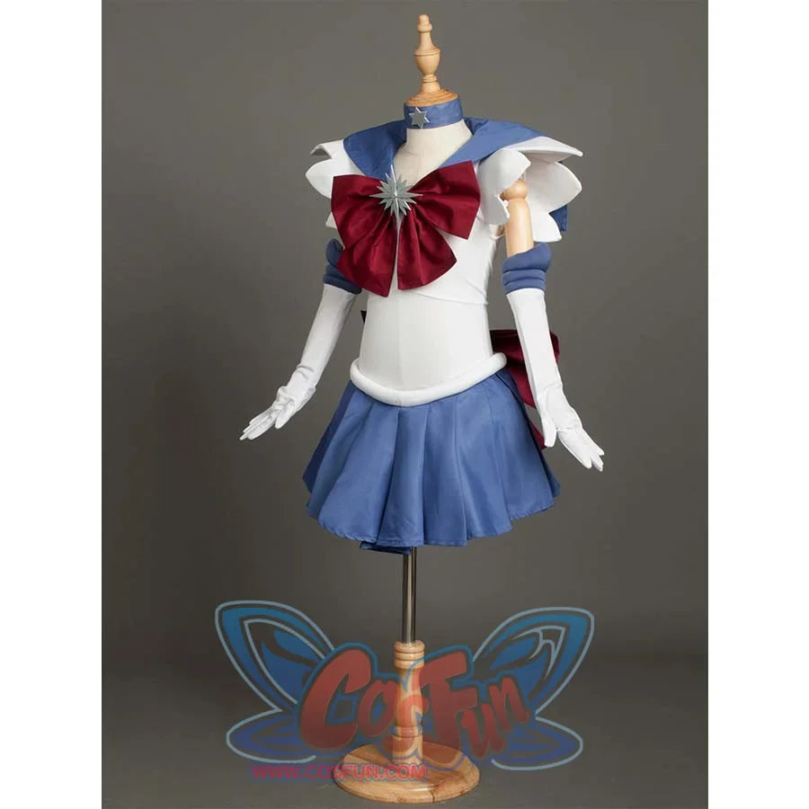 An angled front view of the Kid Cosplay Sailor Saturn costume on a mannequin, highlighting the details of the sailor collar, bow, and skirt.