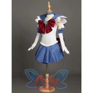 An angled front view of the Kid Cosplay Sailor Saturn costume on a mannequin, highlighting the details of the sailor collar, bow, and skirt.