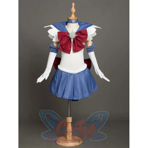 The Kid Cosplay Sailor Saturn costume is shown on a mannequin from the front, presenting the overall design with its blue, white, and red color scheme.