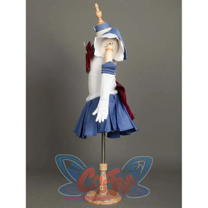 The side view of the Kid Cosplay Sailor Saturn costume on a mannequin, showing the structure of the sleeves, arm cuffs, and the back bow.