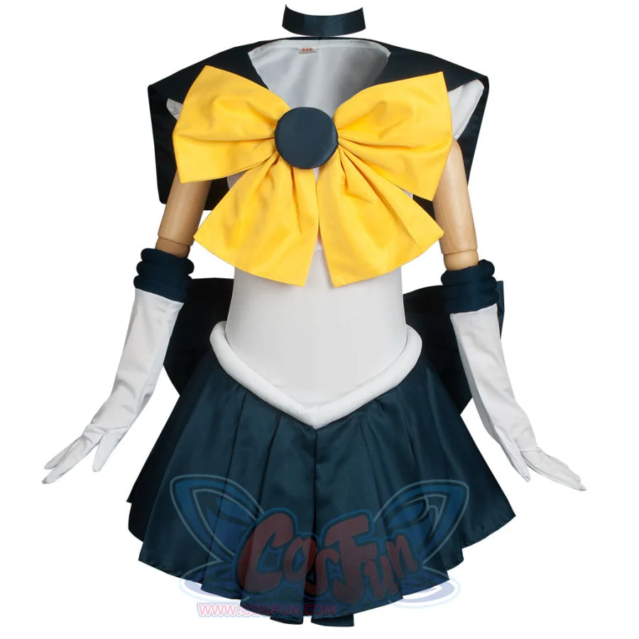 Front view of the complete Kid Cosplay Sailor Uranus costume, including white top, dark green skirt, large yellow bow, white gloves, and dark green arm cuffs.