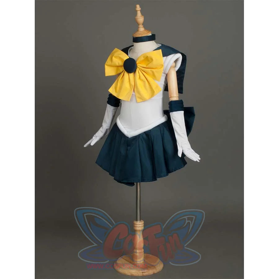 An angled front view of the Kid Cosplay Sailor Uranus costume on a mannequin, highlighting the yellow bow and the structure of the outfit.