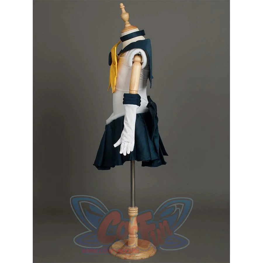 Side view of the Kid Cosplay Sailor Uranus costume on a mannequin, showcasing the yellow bow, white gloves, and the overall silhouette.