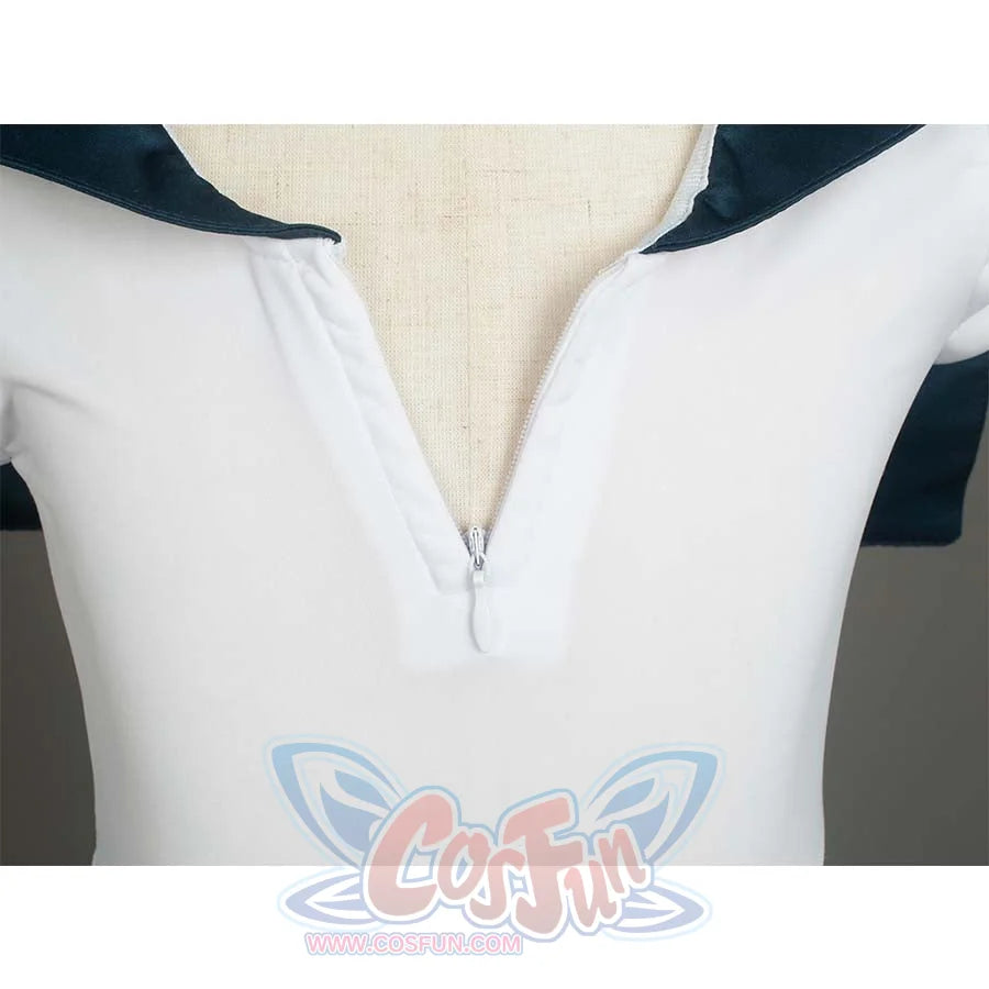 Shows the zipper detail on the white top with dark green collar of the Kid Cosplay Sailor Uranus costume.