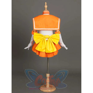 Back view of the costume on a mannequin, emphasizing the large yellow bow at the back and the sailor collar.