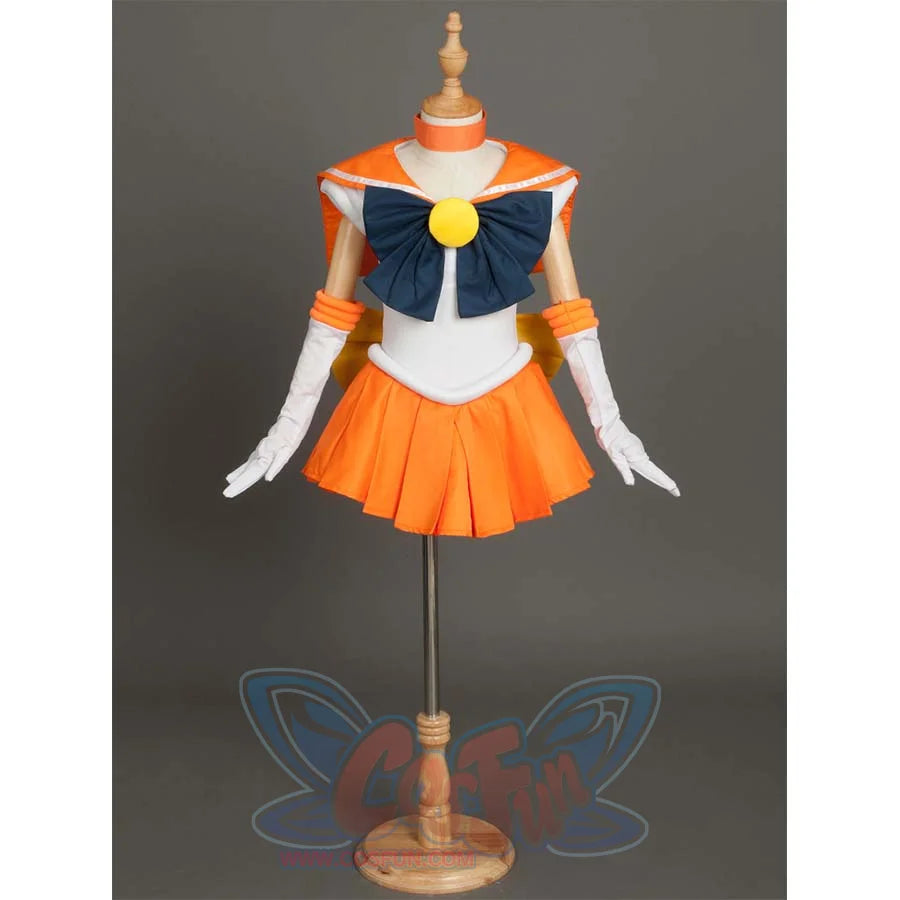 The costume is shown on a mannequin from the front, presenting the overall design with its orange, white, and blue color scheme.