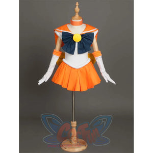 The costume is shown on a mannequin from the front, presenting the overall design with its orange, white, and blue color scheme.