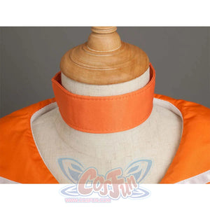 Close - up of the orange neckline collar, highlighting the neckline design.