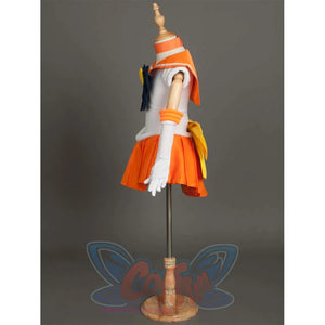 Side view of the costume on a mannequin, showcasing the structure of the sleeves, arm cuffs, and the back bow.