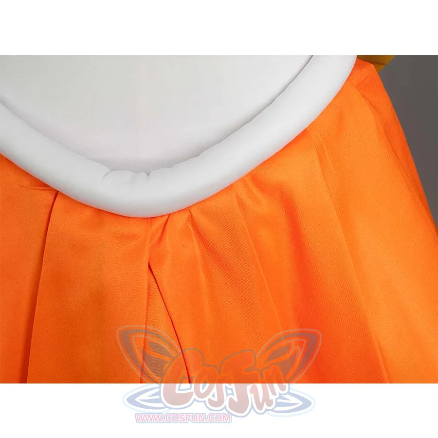 Close - up of the white waist trim and orange pleated skirt, highlighting the waist and skirt design.