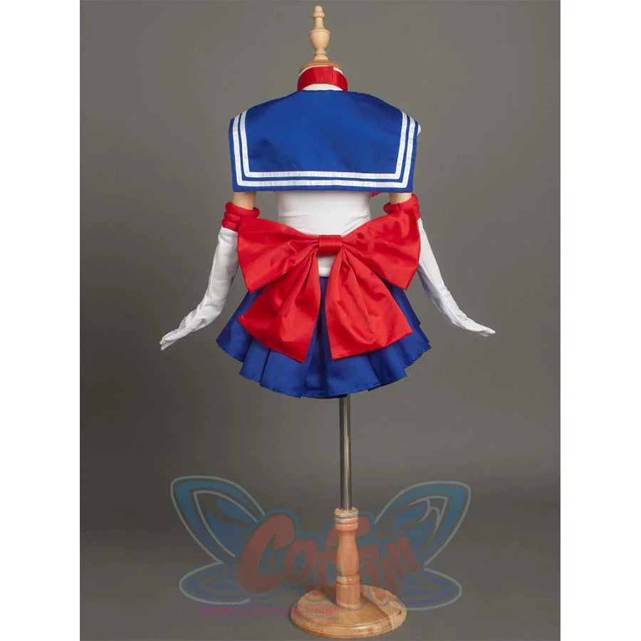 Back view of the costume on a mannequin, emphasizing the large red bow at the back and the sailor collar.