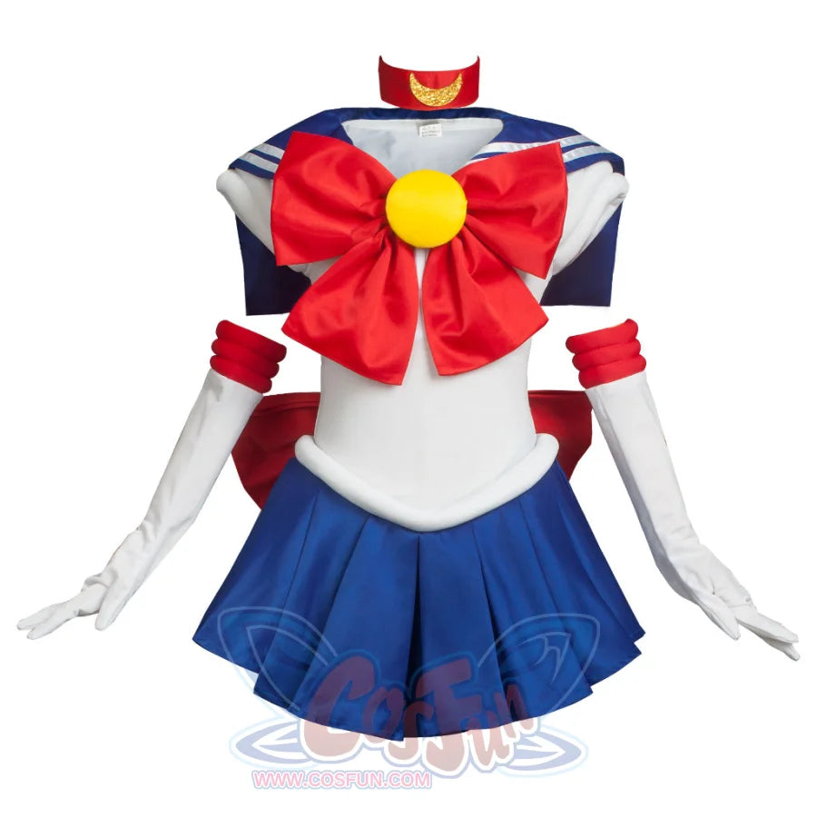 Displays the complete Kid Cosplay Usagi Tsukino costume, featuring a white bodice, blue sailor collar, large red bow, arm cuffs, gloves, and a blue pleated skirt, along with a red choker.