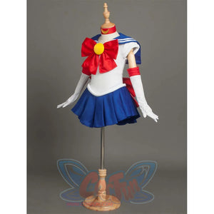 An angled front view of the costume on a mannequin, highlighting details like the bow, arm cuffs, and choker.