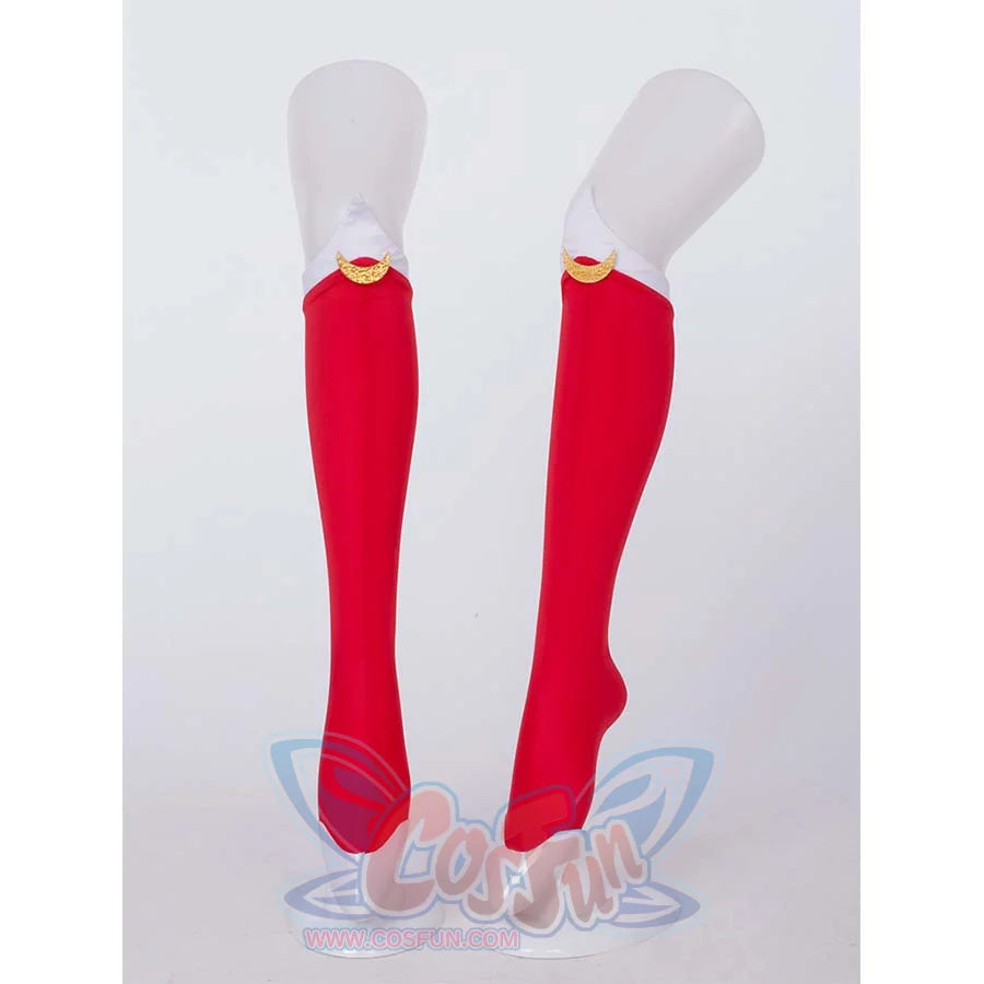 Red thigh - high stockings with gold crescent decorations, part of the Kid Cosplay Usagi Tsukino costume.