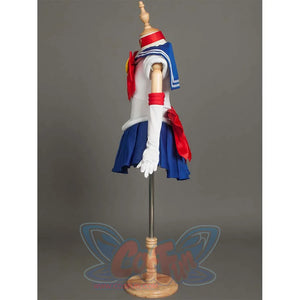 Side view of the costume on a mannequin, showcasing the structure of the sleeves, arm cuffs, and the back bow.