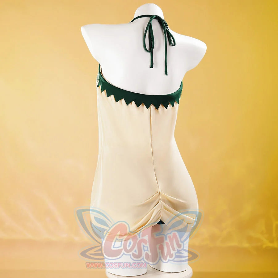 Princess Zelda cosplay swimsuit back view on mannequin, cream one-piece with green halter ties and zigzag trim