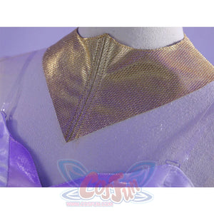 Close-up of Guinevere cosplay costume golden metallic textured neckline detail