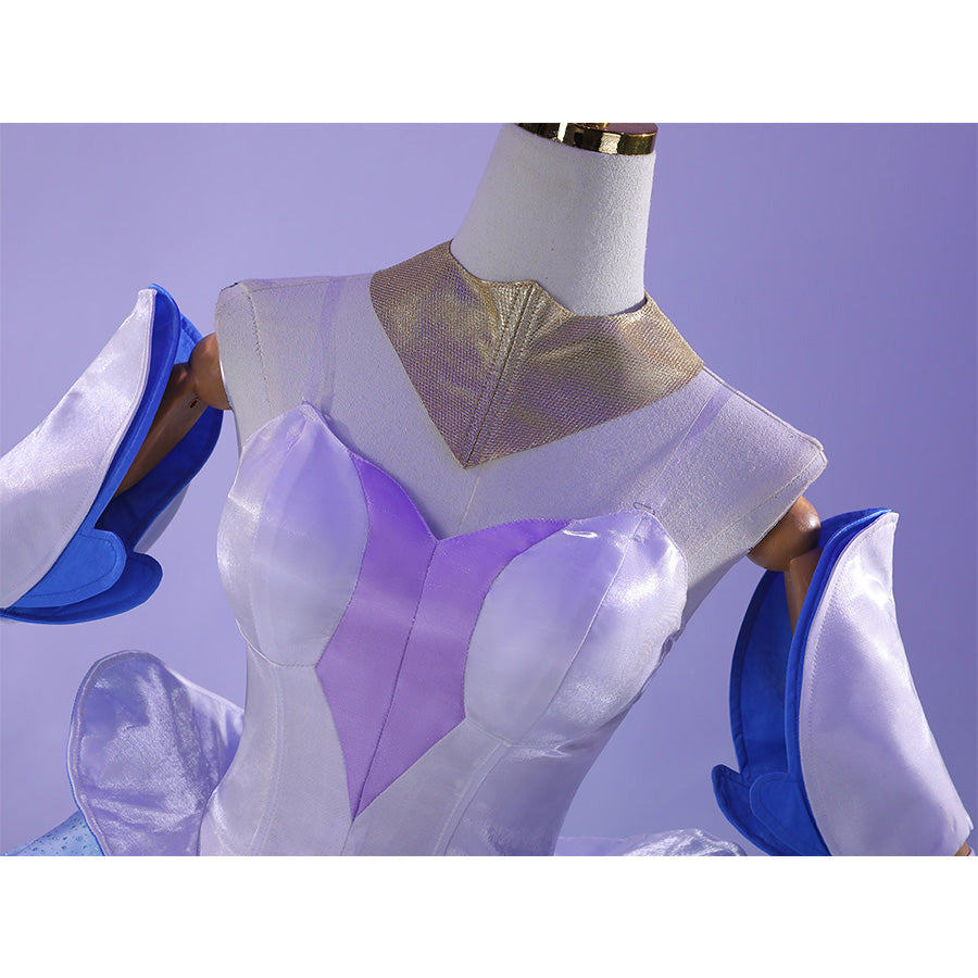 Detail of Guinevere cosplay costume bodice with golden neckline and white-blue sheer sleeves