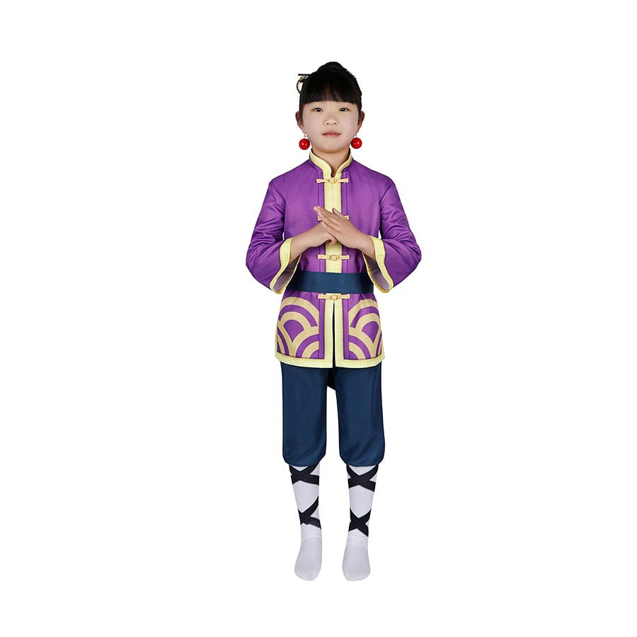 Full - body display of the kid Kung Fu Peach costume, showcasing purple jacket, yellow trim, and blue pants in a standing pose layout.