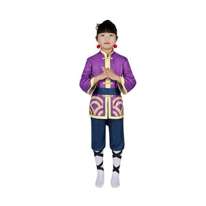 Full - front view of the Kung Fu Peach costume, highlighting purple jacket with yellow trim, blue pants, shown in a prayer - like gesture layout.