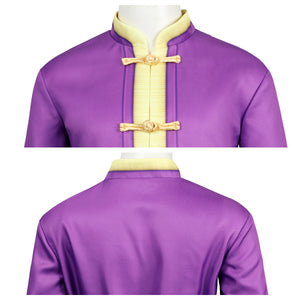 Close - up of golden buttons on Kung Fu Peach costume’s purple jacket, highlighting traditional design.