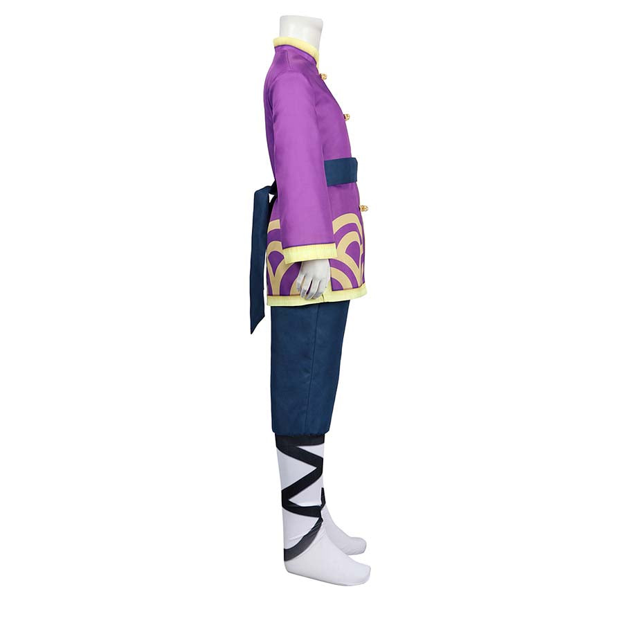Side view of Kung Fu Peach costume on mannequin, showcasing purple jacket, blue pants, and black - white leg wraps.